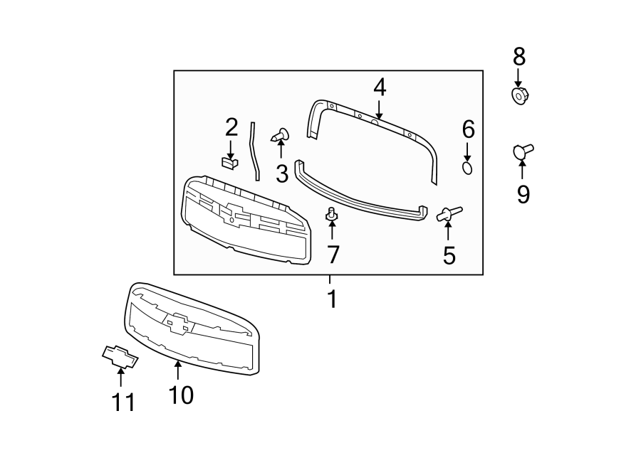 Diagram HOOD & GRILLE. GRILLE & COMPONENTS. for your 2024 Chevrolet Silverado 1500 WT Extended Cab Pickup  