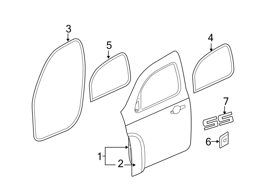 Diagram FRONT DOOR. DOOR & COMPONENTS. EXTERIOR TRIM. for your 2005 Chevrolet Silverado 2500 HD LS Standard Cab Pickup Fleetside  