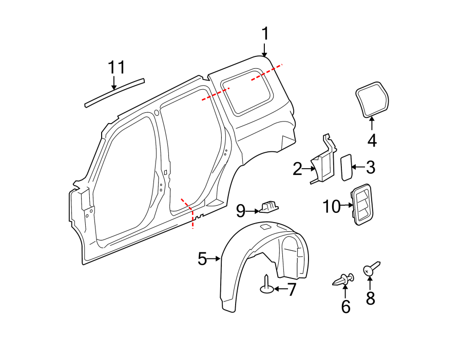 Diagram Quarter panel & components. for your 2005 Chevrolet Express 2500   