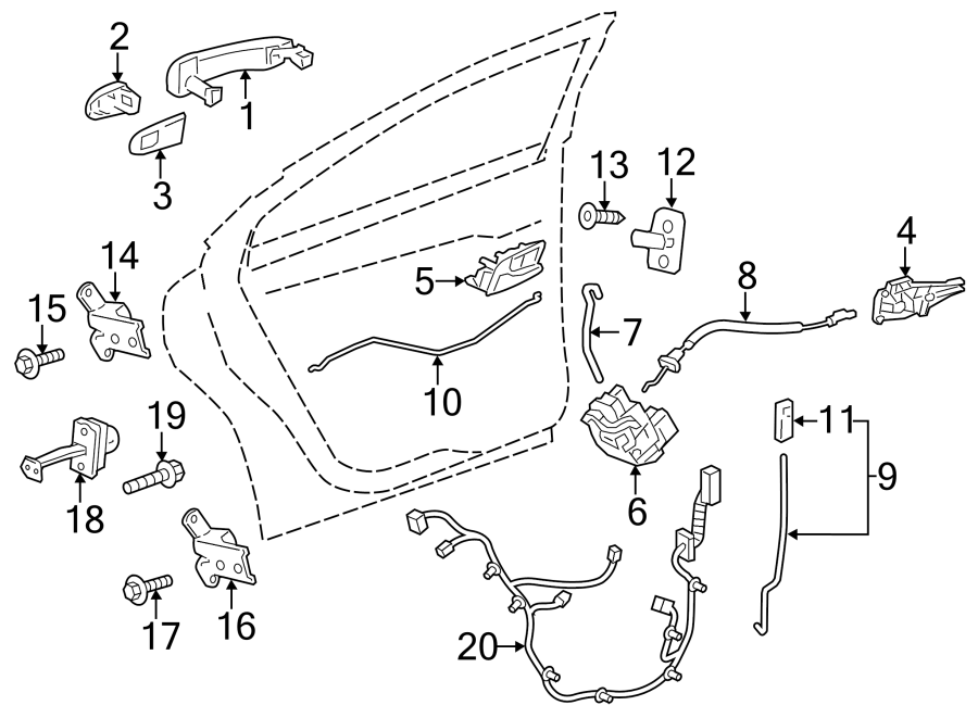 Diagram Rear door. Lock & hardware. for your 2021 Chevrolet Camaro 6.2L V8 M/T SS Coupe 