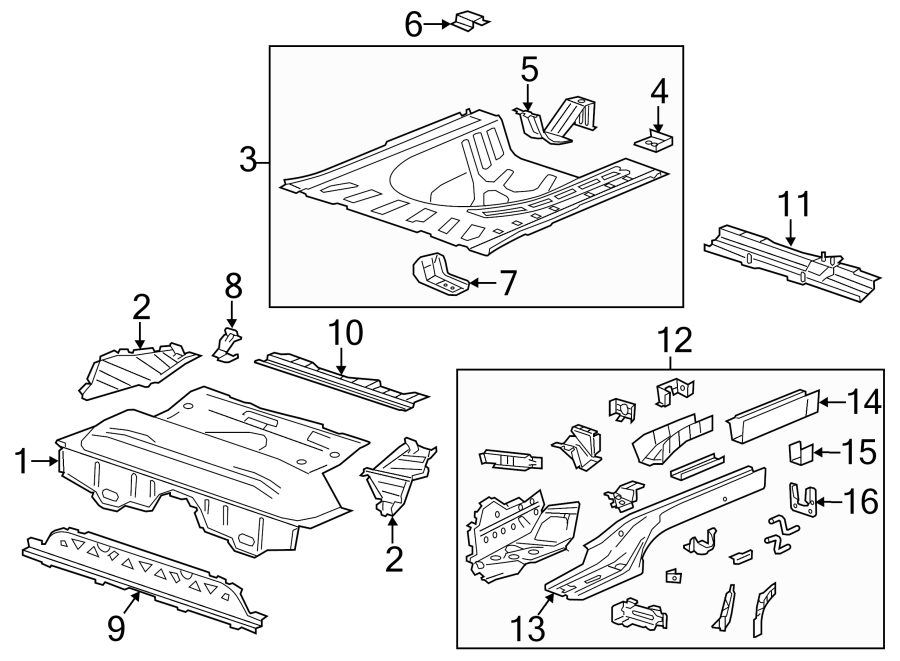 Diagram REAR BODY & FLOOR. FLOOR & RAILS. for your 2021 Chevrolet Camaro LT Coupe 2.0L Ecotec A/T 