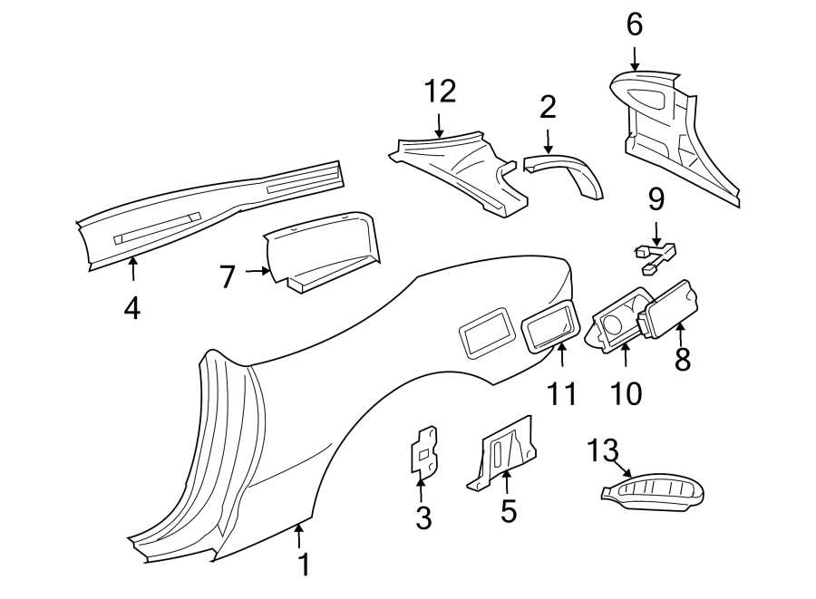 Diagram QUARTER PANEL & COMPONENTS. for your 2002 GMC Sierra 3500 6.6L Duramax V8 DIESEL M/T 4WD Base Crew Cab Pickup Fleetside 