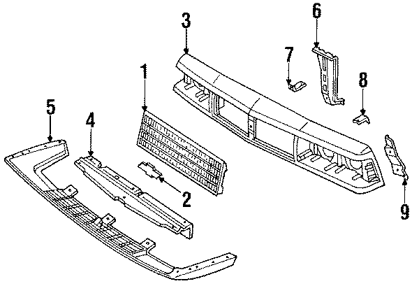 Diagram GRILLE & COMPONENTS. for your 1987 Chevrolet Celebrity Base Wagon 2.8L Chevrolet V6 M/T 