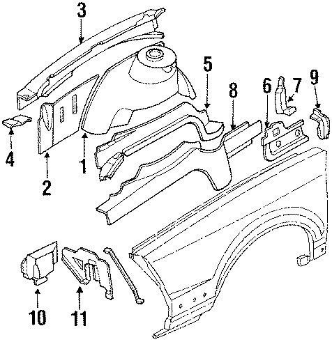 Diagram FENDER. STRUCTURAL COMPONENTS & RAILS. for your 1985 Chevrolet Celebrity   