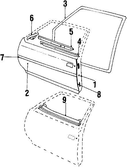 Diagram FRONT DOOR. DOOR & COMPONENTS. EXTERIOR TRIM. for your 1985 Chevrolet Celebrity Classic Coupe 2.8L Chevrolet V6 A/T 