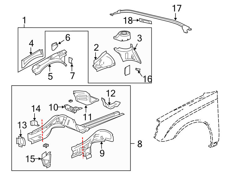 Diagram Fender. Structural components & rails. for your 2011 GMC Sierra 2500 HD 6.6L Duramax V8 DIESEL A/T RWD SLE Standard Cab Pickup 