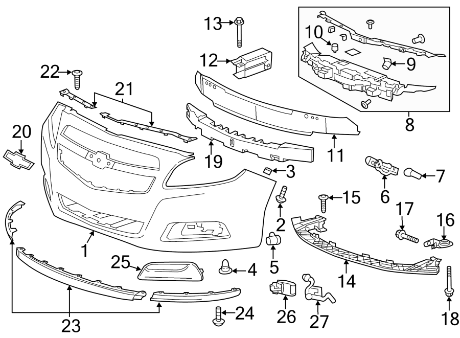 Diagram FRONT BUMPER & GRILLE. BUMPER & COMPONENTS. for your 2013 Chevrolet Silverado   