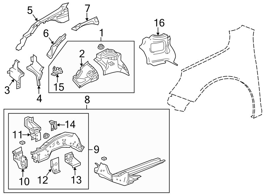 Diagram Fender. Structural components & rails. for your 2012 GMC Sierra 2500 HD 6.6L Duramax V8 DIESEL A/T RWD WT Standard Cab Pickup Fleetside 