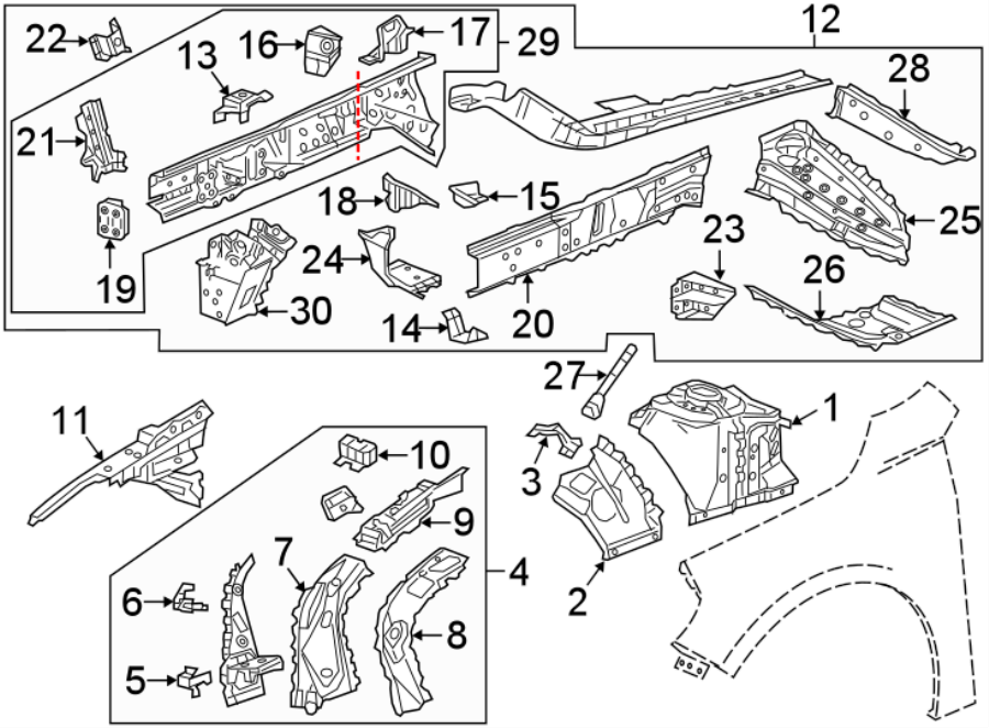 Diagram FENDER. STRUCTURAL COMPONENTS & RAILS. for your 2025 Cadillac XT4   