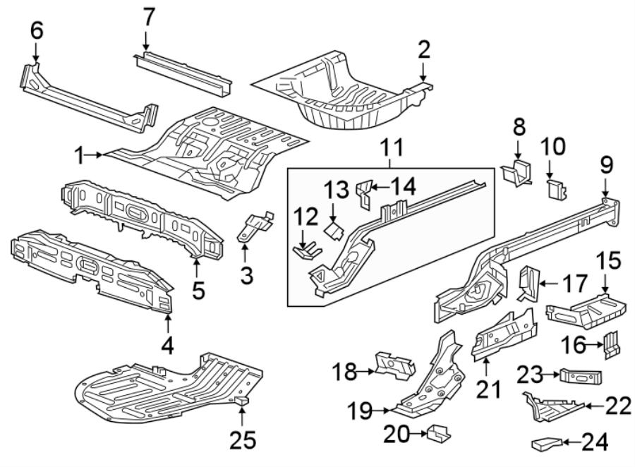 Diagram REAR BODY & FLOOR. FLOOR & RAILS. for your 2011 GMC Sierra 2500 HD 6.6L Duramax V8 DIESEL A/T 4WD SLE Standard Cab Pickup 