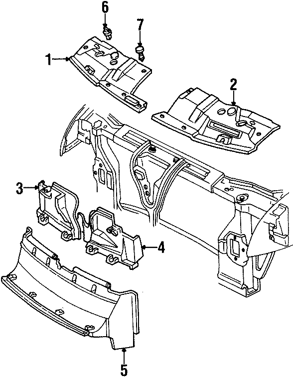 Diagram RADIATOR SUPPORT. SPLASH SHIELDS. for your 1991 Chevrolet Corsica LT Sedan 3.1L Chevrolet V6 A/T 
