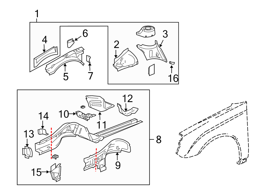 Diagram FENDER. STRUCTURAL COMPONENTS & RAILS. for your 2021 Chevrolet Suburban  Commercial Sport Utility  