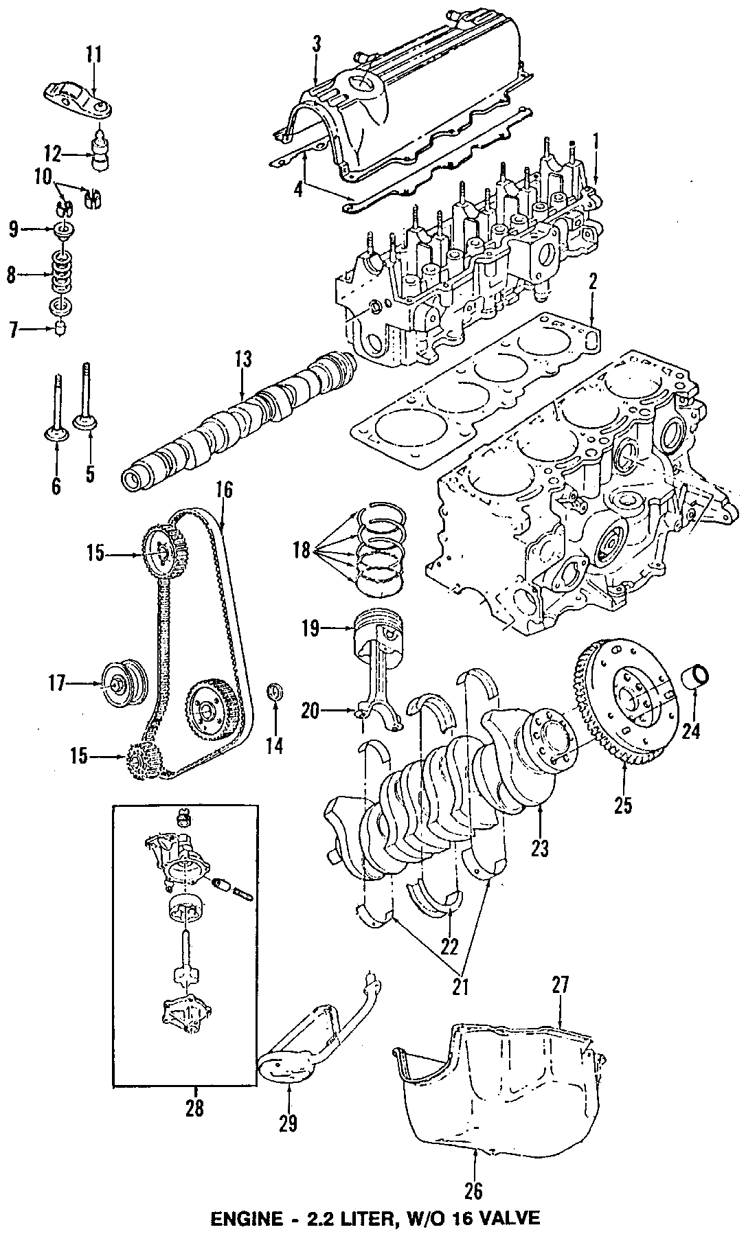 Diagram CAMSHAFT & TIMING. CRANKSHAFT & BEARINGS. CYLINDER HEAD & VALVES. LUBRICATION. MOUNTS. PISTONS. RINGS & BEARINGS. for your 1986 Dodge Mini Ram   