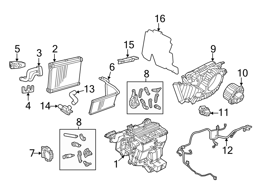 Diagram AIR CONDITIONER & HEATER. EVAPORATOR & HEATER COMPONENTS. for your 2005 Chevrolet Venture    