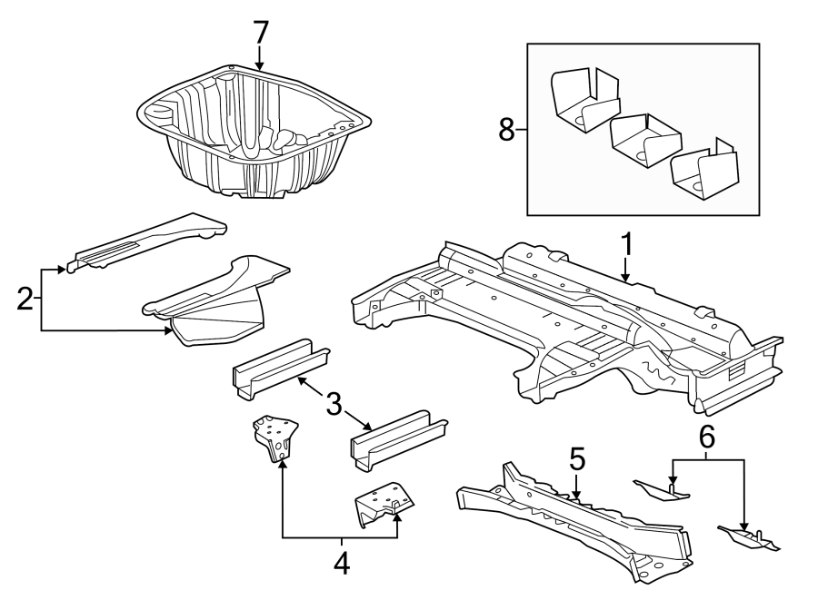 Diagram REAR BODY & FLOOR. FLOOR & RAILS. for your 2021 Chevrolet Camaro LT Coupe 2.0L Ecotec A/T 