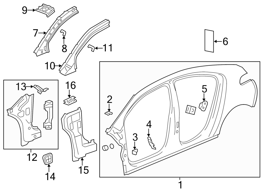 Diagram PILLARS. ROCKER & FLOOR. HINGE PILLAR. UNISIDE. for your 2021 GMC Sierra 2500 HD  SLE Extended Cab Pickup Fleetside 