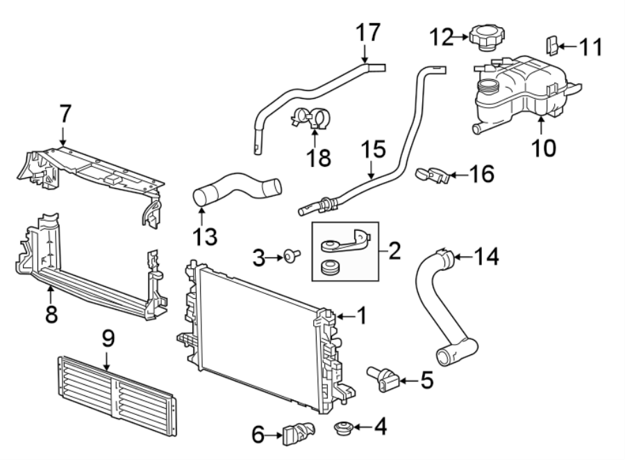 Diagram RADIATOR & COMPONENTS. for your 2023 Cadillac XT4 Luxury Sport Utility 2.0L A/T 4WD 