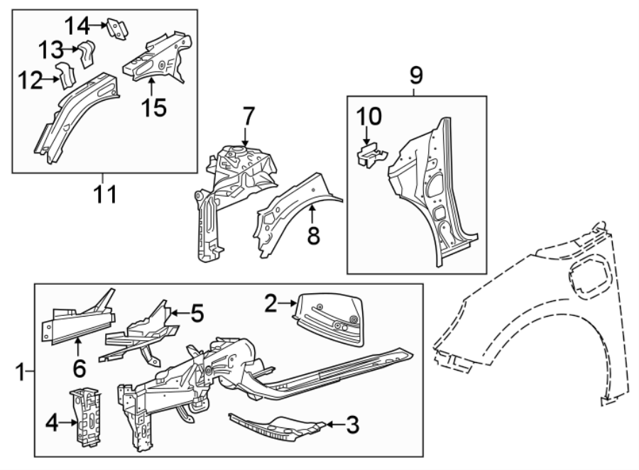 Diagram Fender. Front suspension. Structural components & rails. for your 2025 Cadillac XT4   