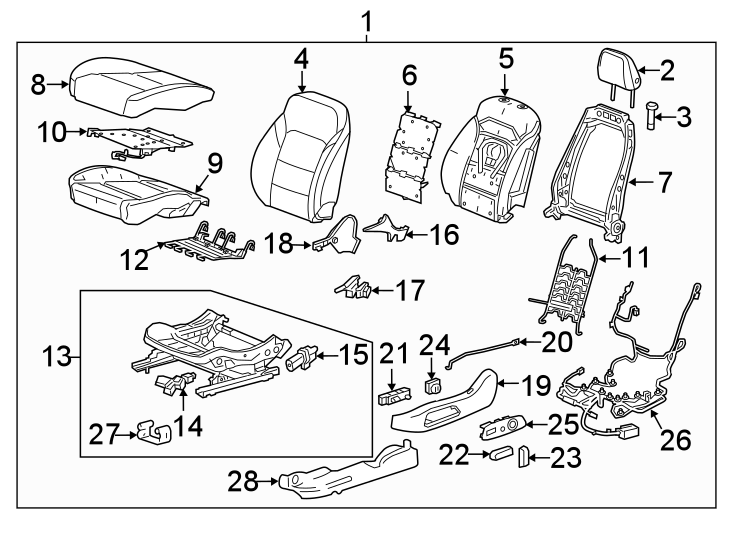 Diagram Seats & tracks. Driver seat components. for your 2010 Chevrolet Silverado   