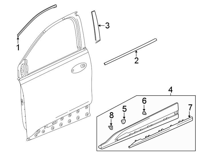 1Front door. Exterior trim.https://images.simplepart.com/images/parts/motor/fullsize/CU22380.png