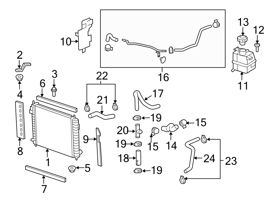 Diagram RADIATOR & COMPONENTS. for your 2021 Chevrolet Camaro LT Coupe 2.0L Ecotec A/T 