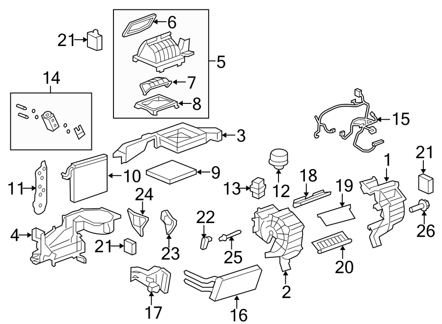 Diagram AIR CONDITIONER & HEATER. EVAPORATOR & HEATER COMPONENTS. for your 2023 Buick Enclave    