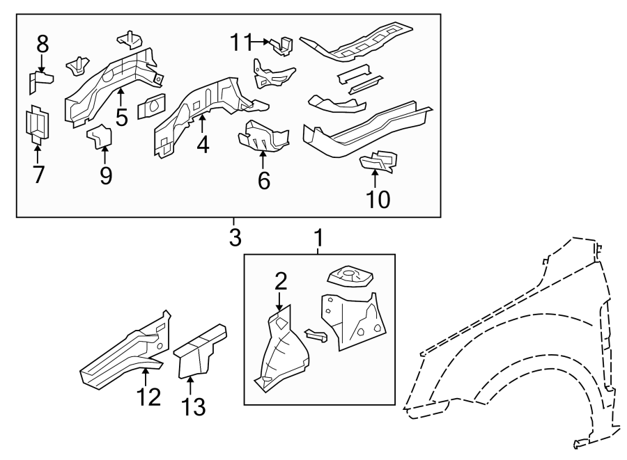 Diagram FENDER. INNER COMPONENTS. for your 2021 Chevrolet Camaro ZL1 Coupe 6.2L V8 M/T 