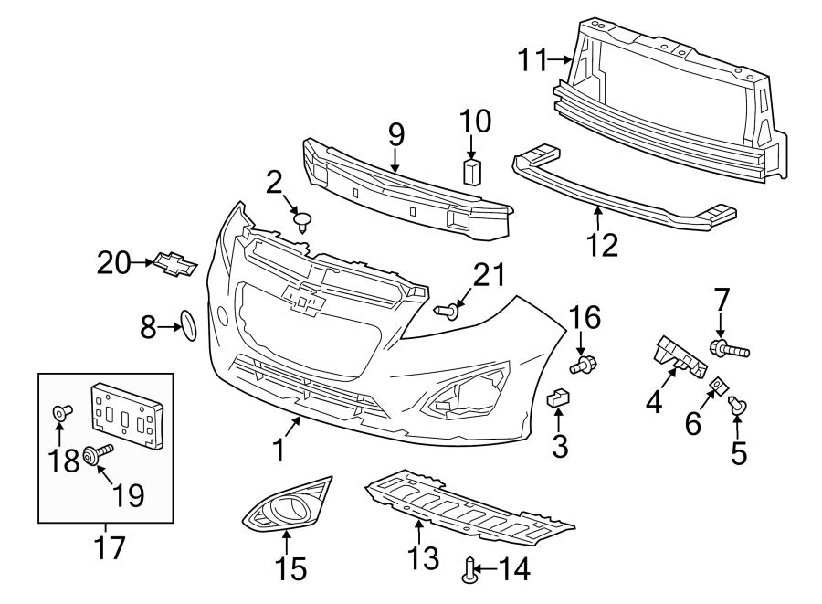 Diagram Front bumper & grille. Bumper & components. for your 2017 Chevrolet Spark  ACTIV Hatchback 