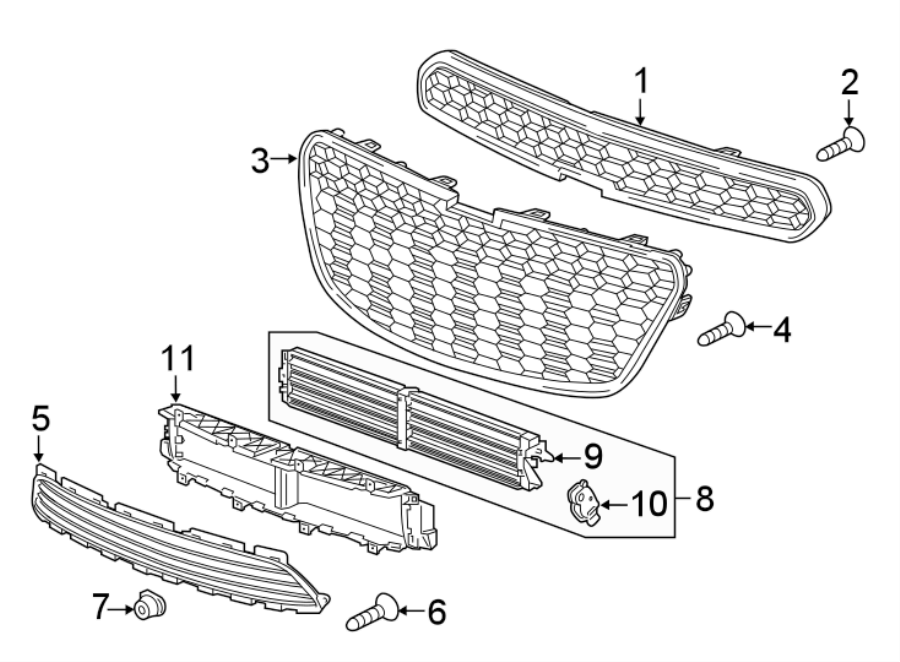 9FRONT BUMPER & GRILLE. GRILLE & COMPONENTS.https://images.simplepart.com/images/parts/motor/fullsize/CW13027.png