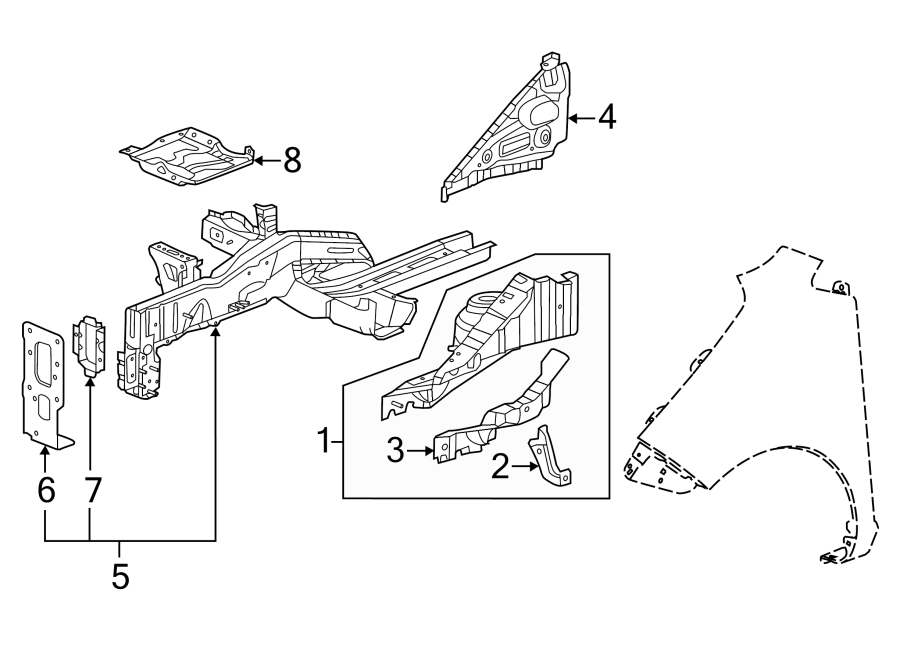 Diagram FENDER. STRUCTURAL COMPONENTS & RAILS. for your 2025 Cadillac XT4   