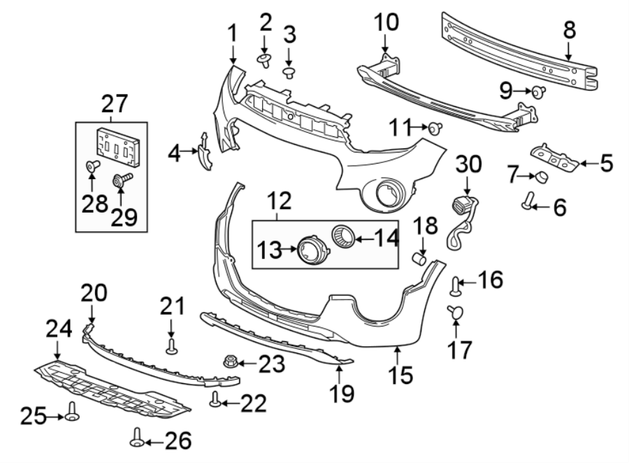 Diagram FRONT BUMPER & GRILLE. BUMPER & COMPONENTS. for your 2020 Chevrolet Spark 1.4L Ecotec CVT ACTIV Hatchback 