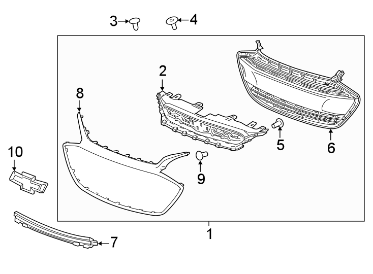 Diagram FRONT BUMPER & GRILLE. GRILLE & COMPONENTS. for your 2022 Chevrolet Spark  LT Hatchback 