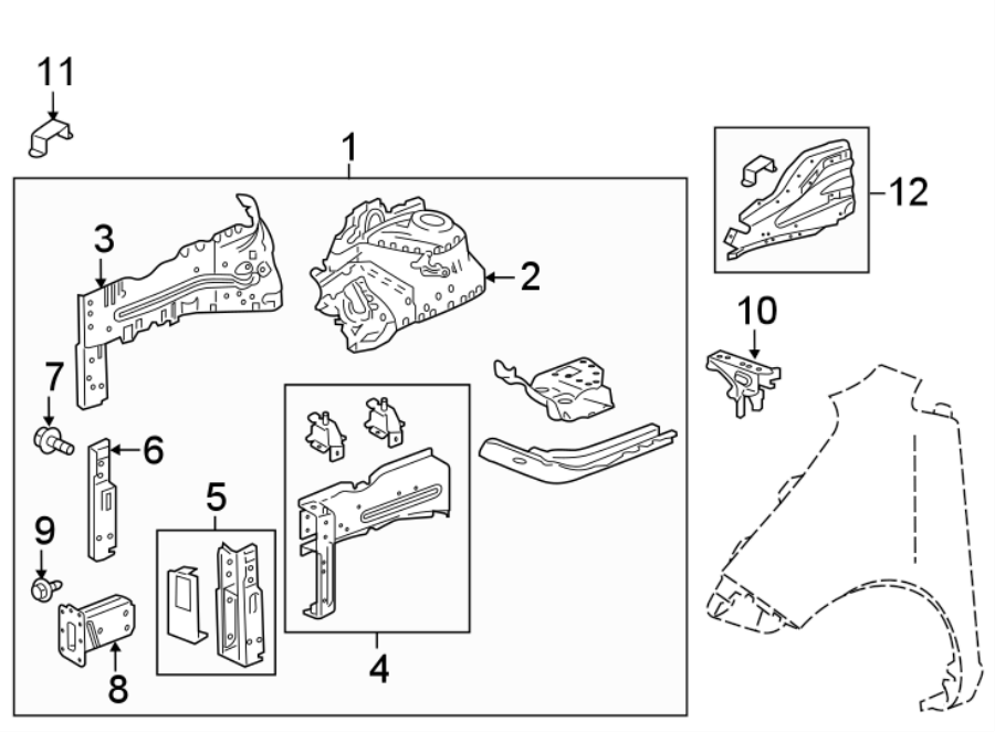 Diagram fender. STRUCTURAL COMPONENTS & RAILS. for your 2021 GMC Sierra 2500 HD 6.6L V8 A/T 4WD Base Extended Cab Pickup 