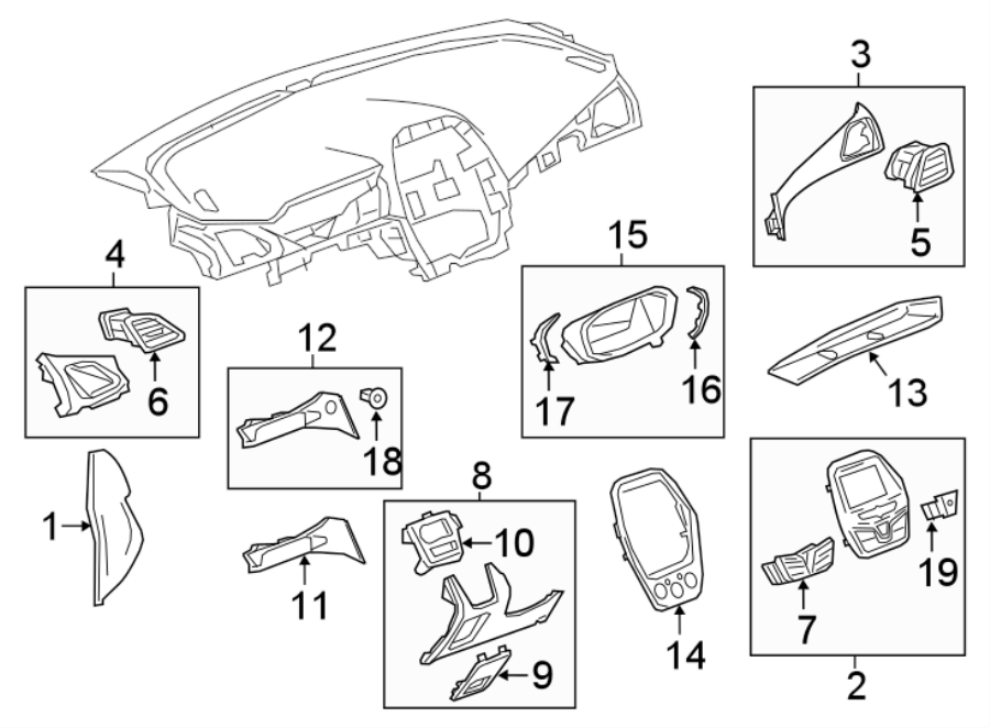 Diagram INSTRUMENT PANEL COMPONENTS. for your 2022 Chevrolet Spark 1.4L Ecotec M/T LT Hatchback 