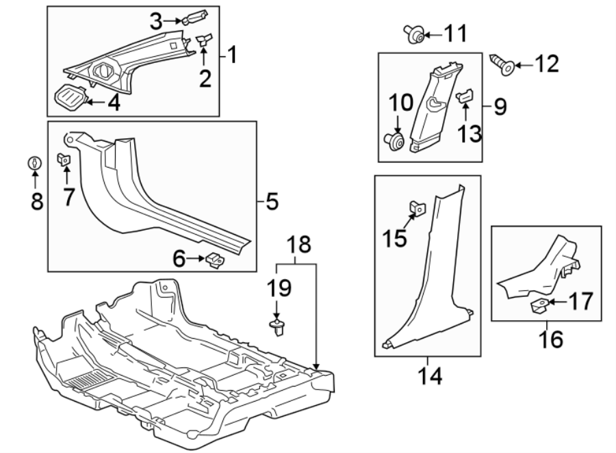 PILLARS. ROCKER & FLOOR. INTERIOR TRIM. Diagram