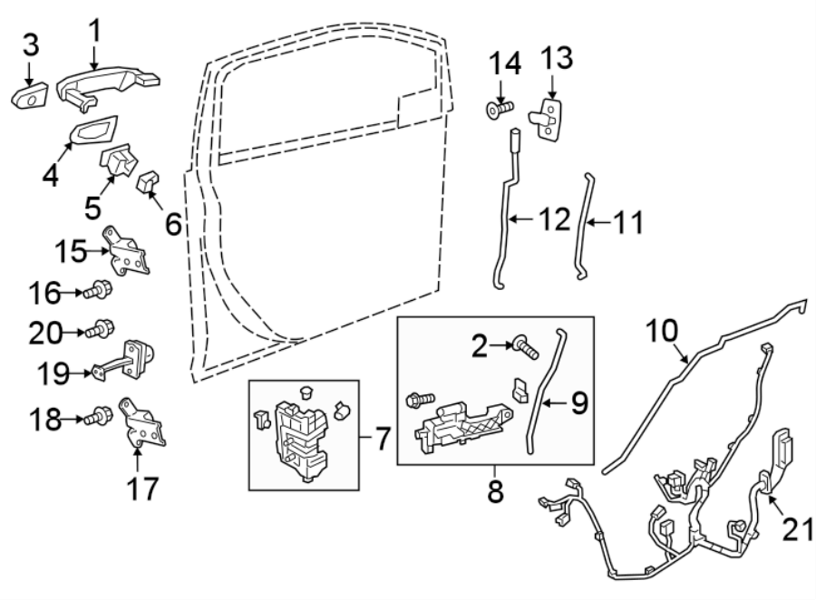 Diagram FRONT DOOR. LOCK & HARDWARE. for your 2021 Chevrolet Spark 1.4L Ecotec CVT ACTIV Hatchback 