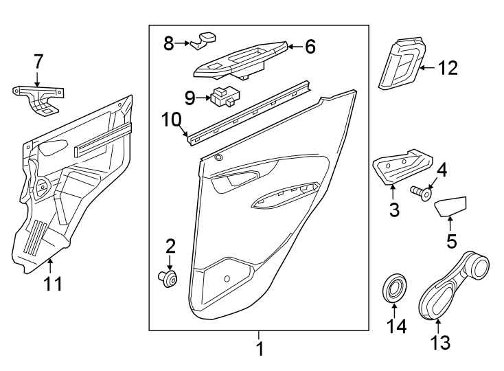 Diagram REAR DOOR. INTERIOR TRIM. for your 2020 Chevrolet Spark 1.4L Ecotec CVT ACTIV Hatchback 