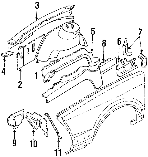 Diagram FENDER. STRUCTURAL COMPONENTS & RAILS. for your 1989 Chevrolet Celebrity   