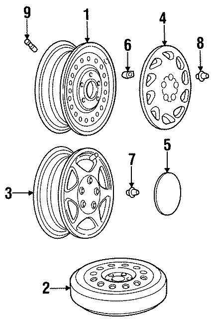 Diagram WHEELS. COVERS & TRIM. for your 1997 Oldsmobile Cutlass Base Sedan 3.1L Chevrolet V6 M/T 