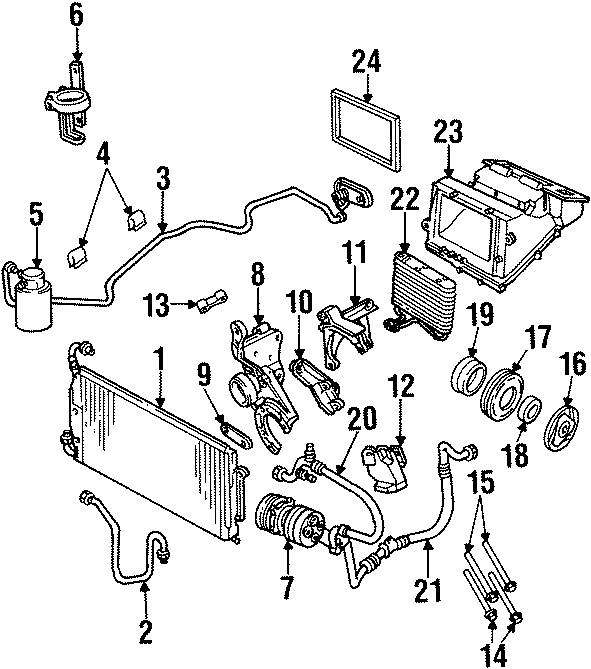 Diagram AIR CONDITIONER & HEATER. COMPRESSOR & LINES. CONDENSER. EVAPORATOR COMPONENTS. for your 2022 Chevrolet Equinox 1.5L Ecotec A/T FWD LS Sport Utility 