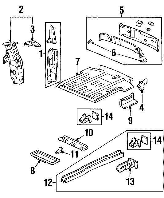 Diagram REAR BODY & FLOOR. FLOOR & RAILS. for your 2015 GMC Sierra 2500 HD 6.6L Duramax V8 DIESEL A/T 4WD SLE Standard Cab Pickup Fleetside 