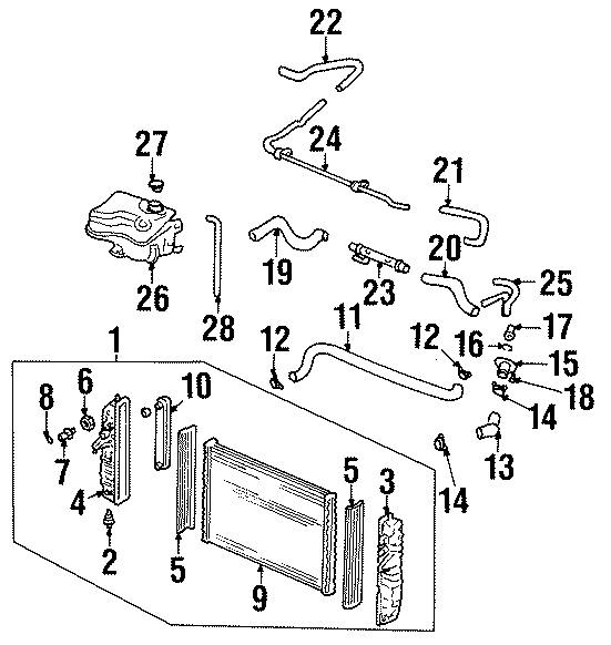 Diagram RADIATOR & COMPONENTS. for your 1995 Chevrolet K2500  Base Standard Cab Pickup Fleetside 4.3L Chevrolet V6 A/T 