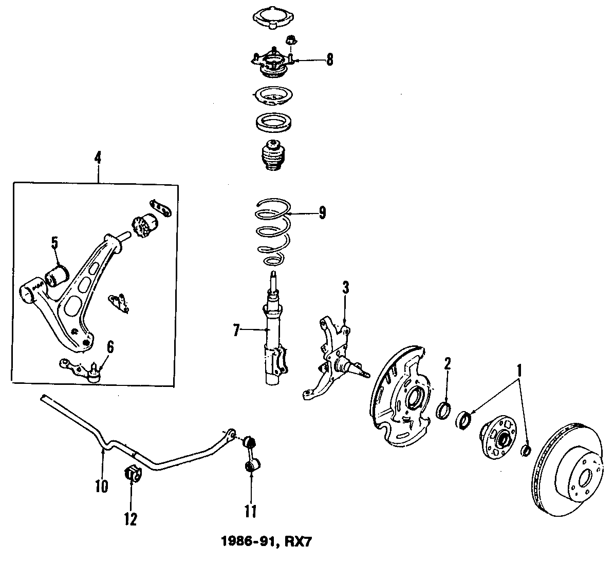 Diagram FRONT SUSPENSION. LOWER CONTROL ARM. STABILIZER BAR. SUSPENSION COMPONENTS. for your 1996 Mazda 626   