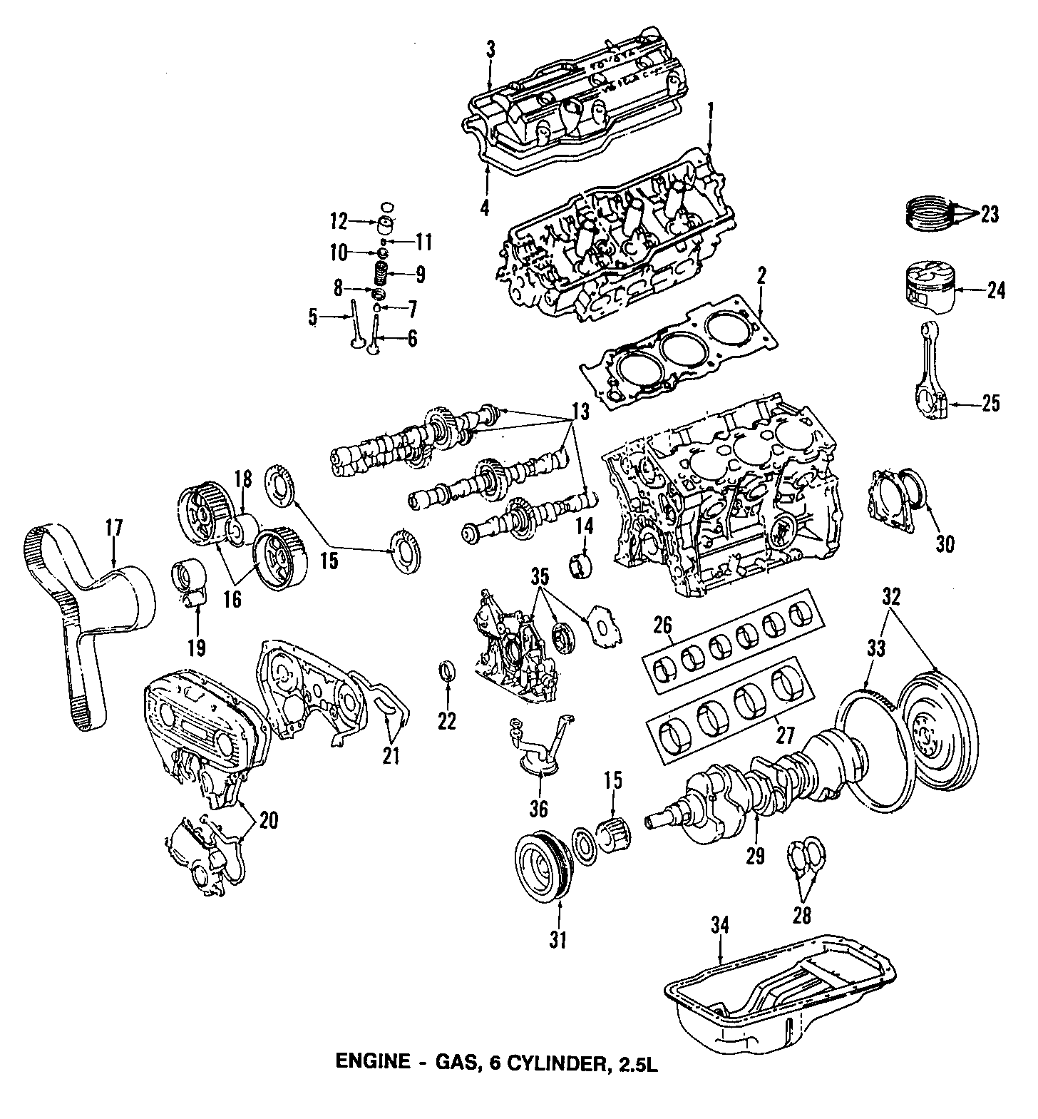 Diagram CAMSHAFT & TIMING. CRANKSHAFT & BEARINGS. CYLINDER HEAD & VALVES. LUBRICATION. MOUNTS. PISTONS. RINGS & BEARINGS. for your 1996 Toyota Tacoma   