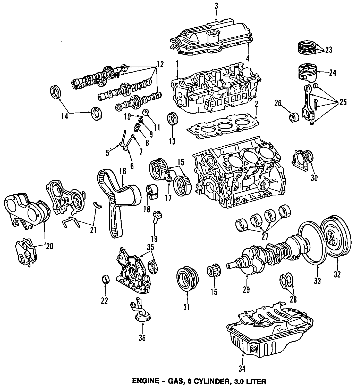 Diagram CAMSHAFT & TIMING. CRANKSHAFT & BEARINGS. CYLINDER HEAD & VALVES. LUBRICATION. MOUNTS. PISTONS. RINGS & BEARINGS. for your 1996 Toyota Tacoma   