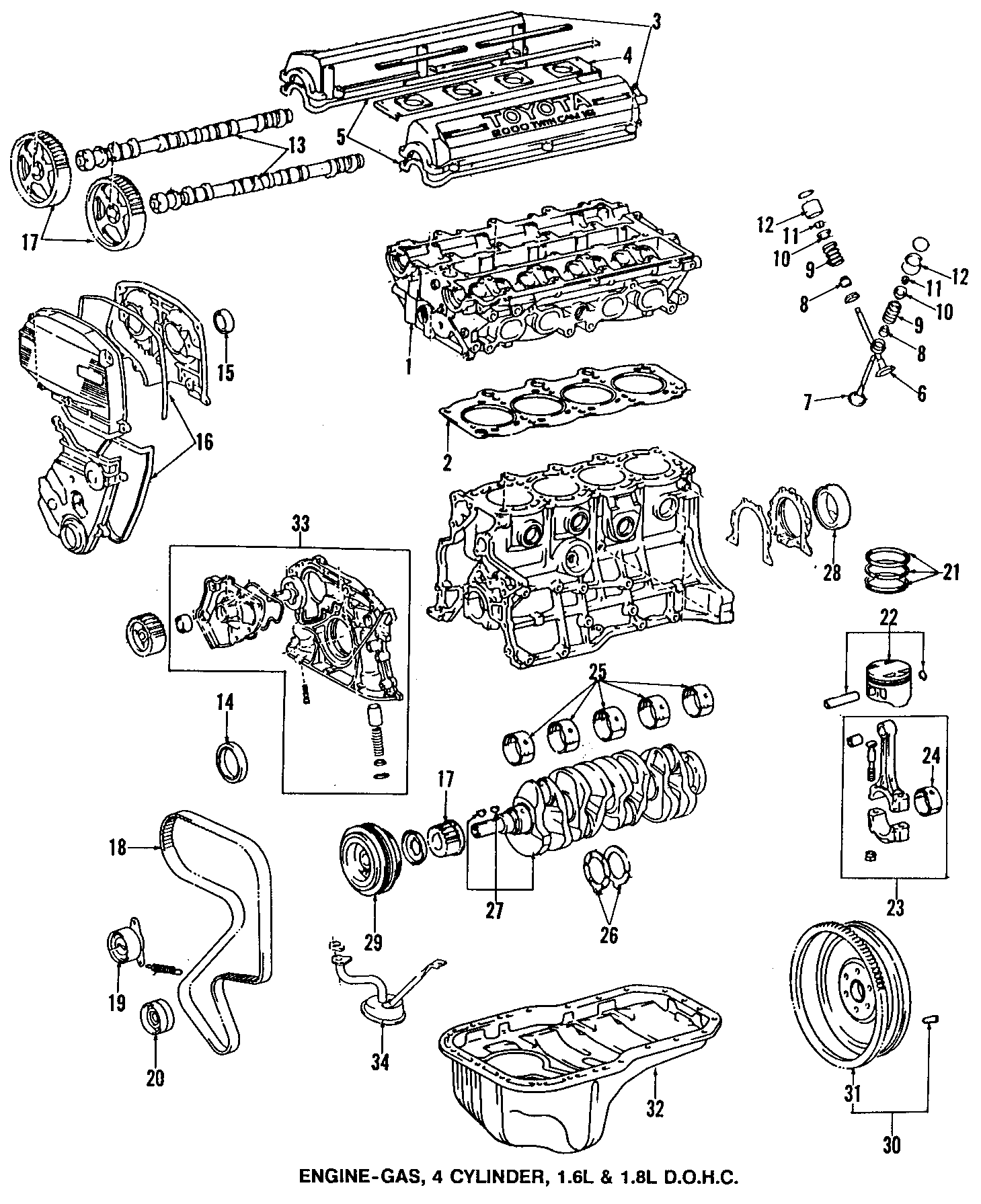 Diagram CAMSHAFT & TIMING. CRANKSHAFT & BEARINGS. CYLINDER HEAD & VALVES. LUBRICATION. MOUNTS. PISTONS. RINGS & BEARINGS. for your Toyota