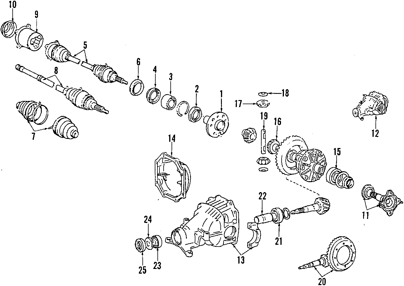 Diagram DRIVE AXLES. REAR AXLE. AXLE SHAFTS & JOINTS. DIFFERENTIAL. PROPELLER SHAFT. for your 1996 Toyota Tercel   