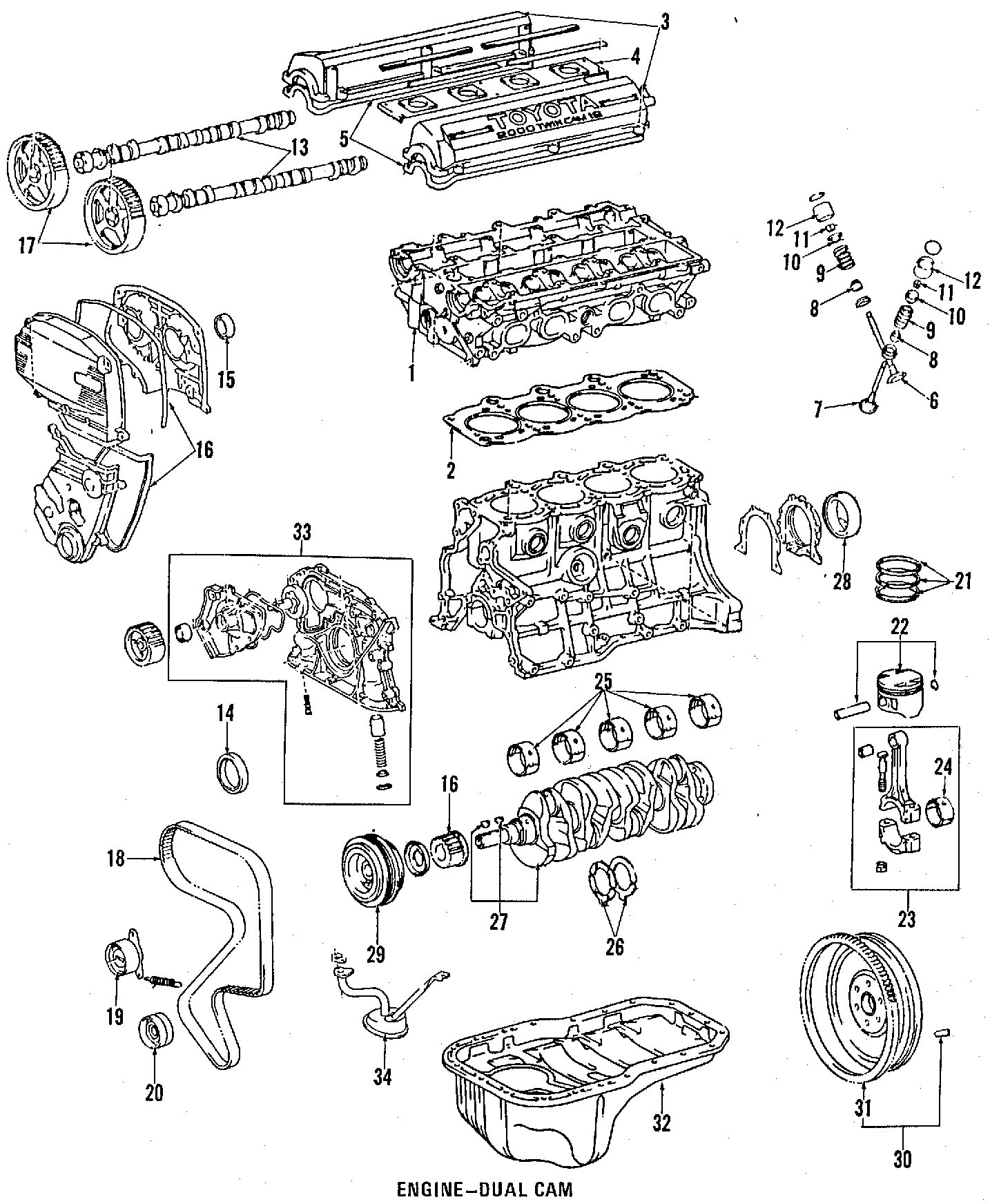 Diagram CAMSHAFT & TIMING. CRANKSHAFT & BEARINGS. CYLINDER HEAD & VALVES. LUBRICATION. MOUNTS. PISTONS. RINGS & BEARINGS. for your 2023 Toyota Tacoma   