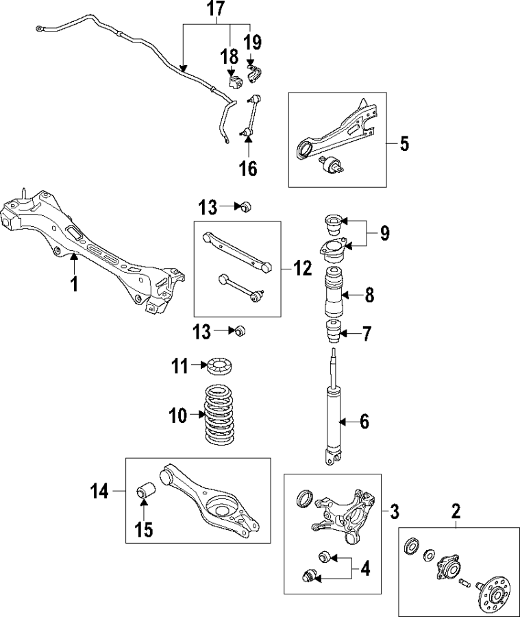 Diagram REAR SUSPENSION. LOWER CONTROL ARM. STABILIZER BAR. SUSPENSION COMPONENTS. UPPER CONTROL ARM. for your 2012 Hyundai Elantra   