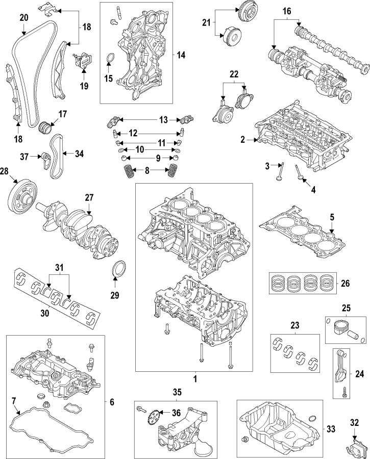Diagram Camshaft & timing. Crankshaft & bearings. Cylinder head & valves. Lubrication. Mounts. Pistons. Rings & bearings. for your 2008 Hyundai Tucson   